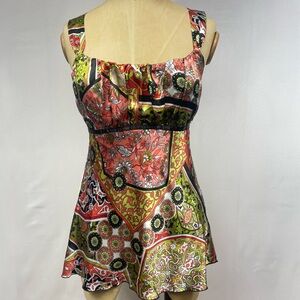 Y2K Paisley Babydoll Top Tank Pink B.Wear 2000s Boho Square Tie LG USA Club Femm